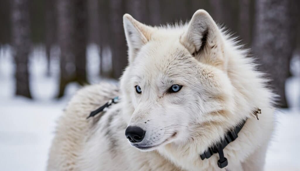 An arctic wolf with a GPS collar