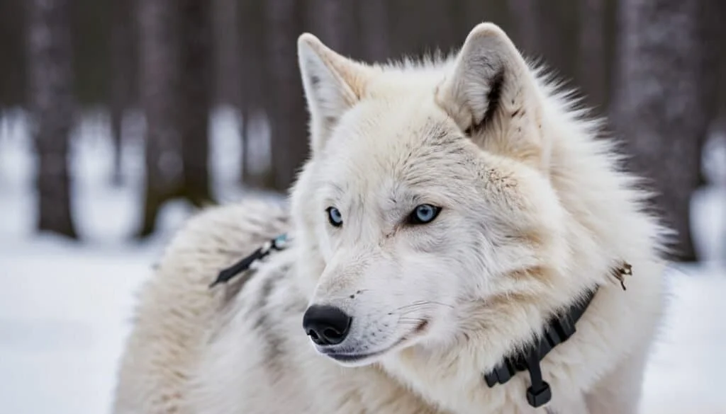 An arctic wolf with a GPS collar