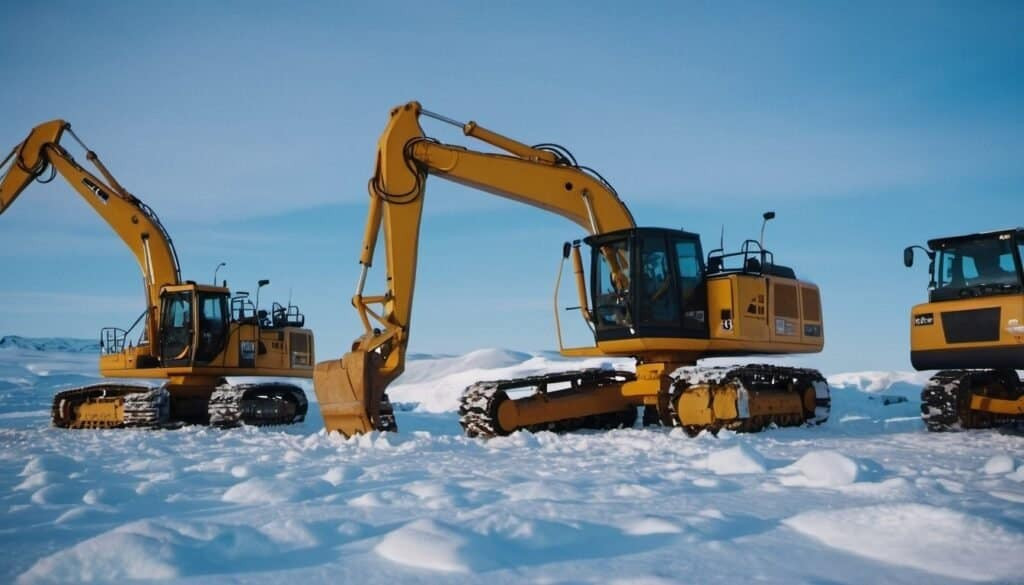 some excavators and industrial machinery in the arctic tundra in winter