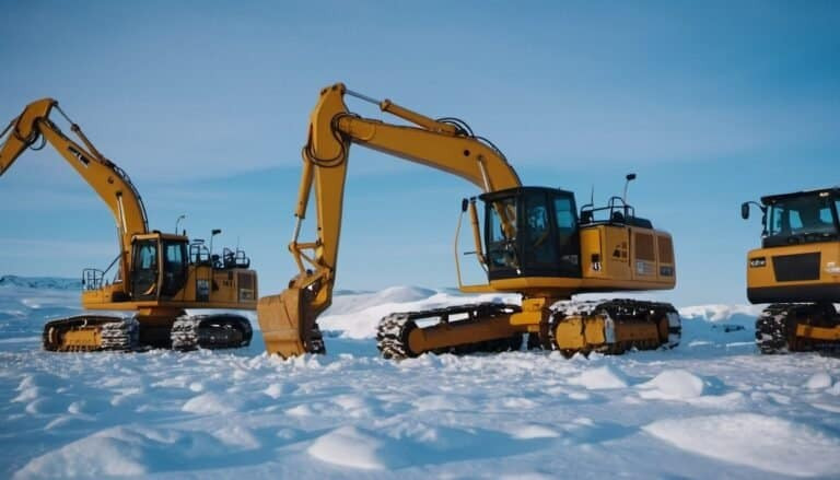 some excavators and industrial machinery in the arctic tundra in winter