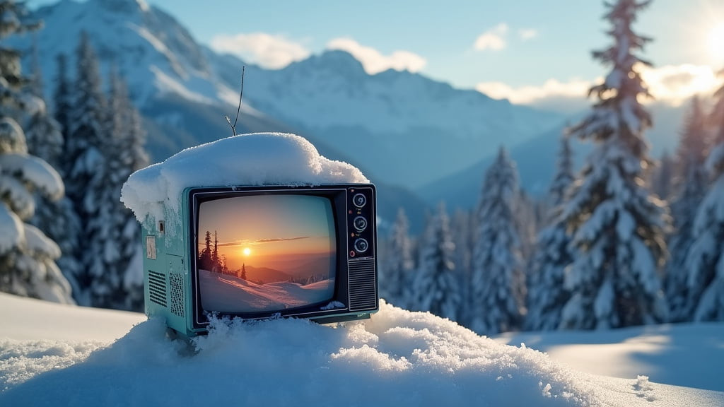 A close-up of a television in a snowy mountain landscape