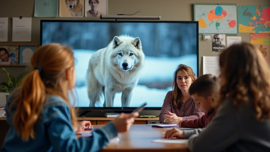 A teacher showing a photo of the Arctic wolf to her students