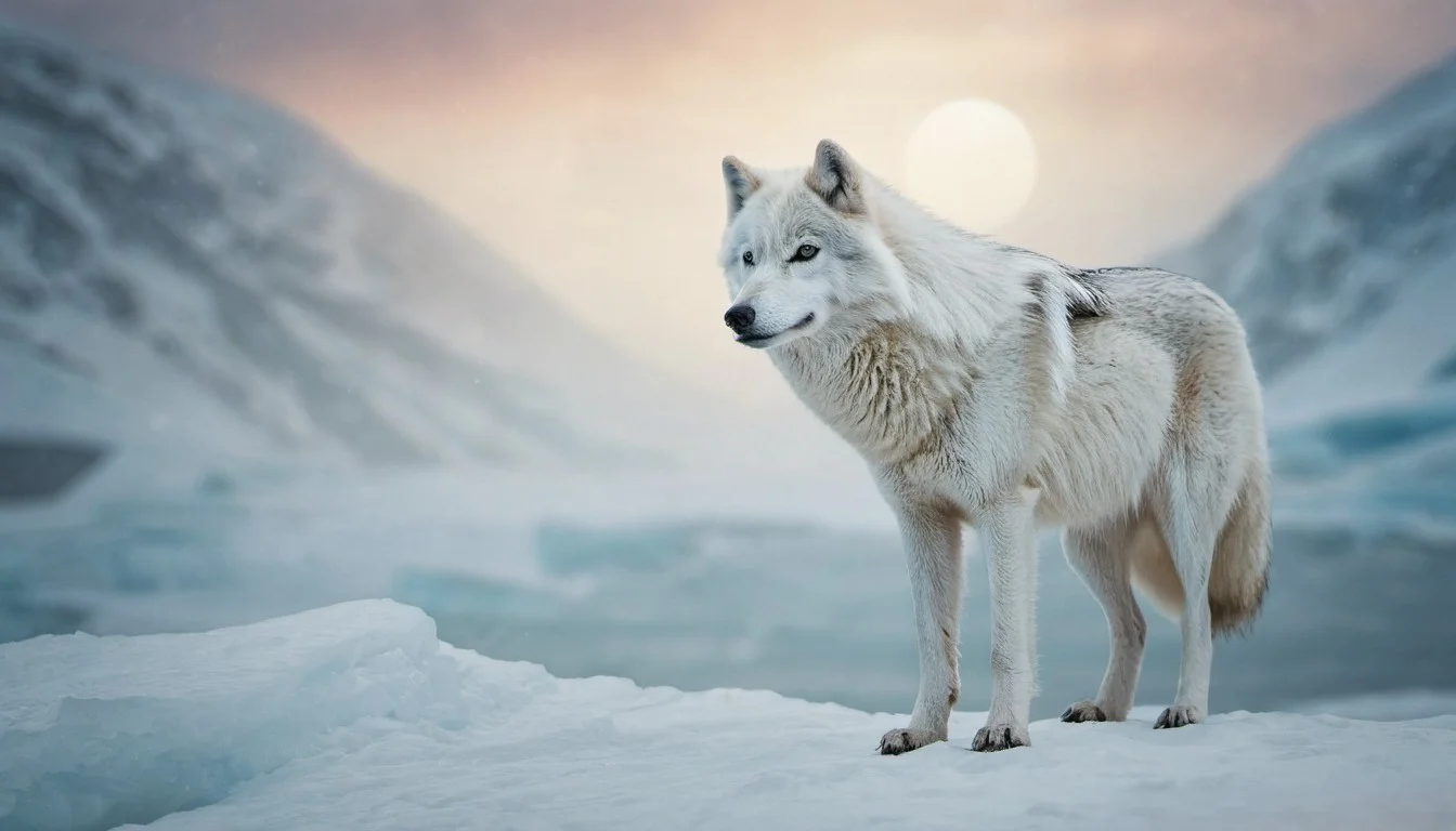 an image depicting an Arctic wolf in a mystical, snowy landscape