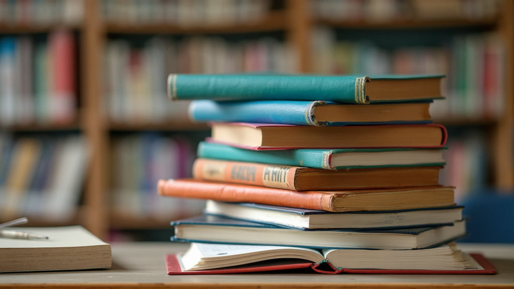 some books stacked on a teacher's desk